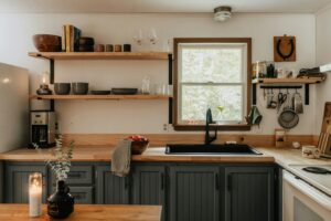 Rustic kitchen with open wooden shelves, matte black fixtures, and gray cabinetry, featuring natural wood countertops and a window above the sink.