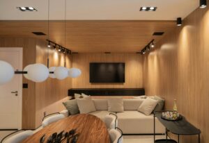 A family room basement remodel with a TV, hanging lights, and a seating area.